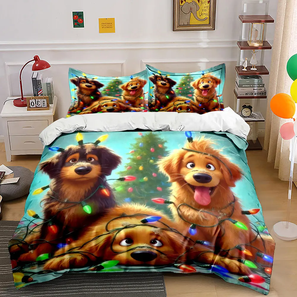 Three adorable puppy lights wrapped around the Christmas tree Print Duvet Cover Bedding Set Included 1Duvet Cover 2*Pillowcases