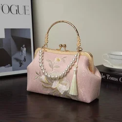 Vintage Fringe Bag Small Shell Clip Bags Chains Women Shoulder Crossbody Bag Crane Floral Embroidery Handbags Clutch Purses Sac