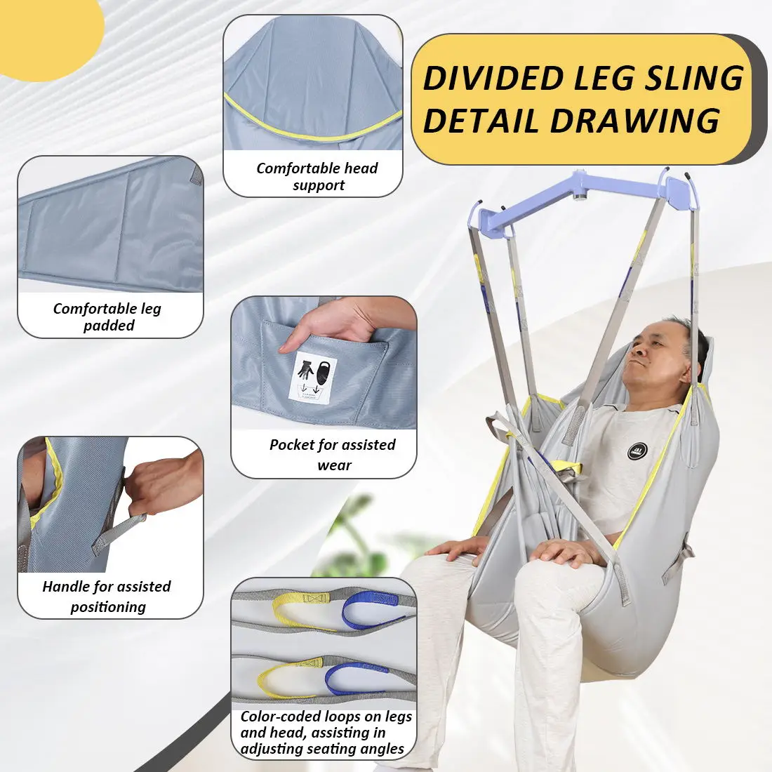 EZ Assistive Universal Patient Lift Divided Leg Sling Durable Grey Lift Sling with Head Support for Disabled Transfer SWL 500lbs