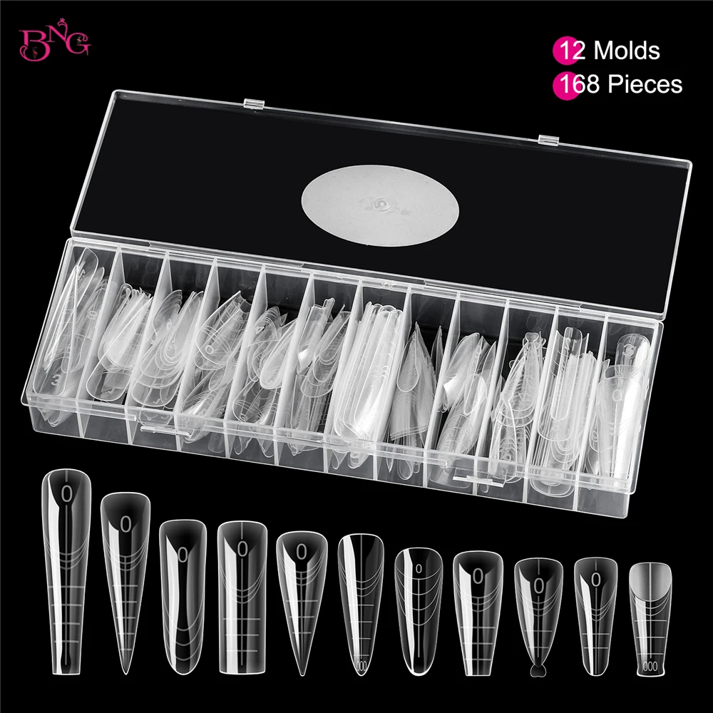 BNG Dual Forms for Poly Nail Gel 168/180PCS Nail Molds for Builder Gel 14/15 Sizes Square Almond Coffin Nail Forms Tips