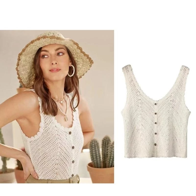 Women's Crocheted for Tank Tops Hollow Knit Vest Female Knitwear Short Tops Sleeveless Camis Tops Ladies Camisole for Su