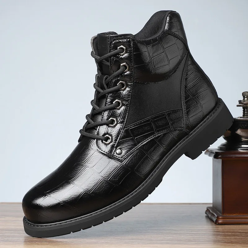 Luxury Men Boots Grid Pattern Square Heel Men Ankle Boots Fashion Brand Designer Leahter Shoes for Men Motorcycle Boot Zapatos