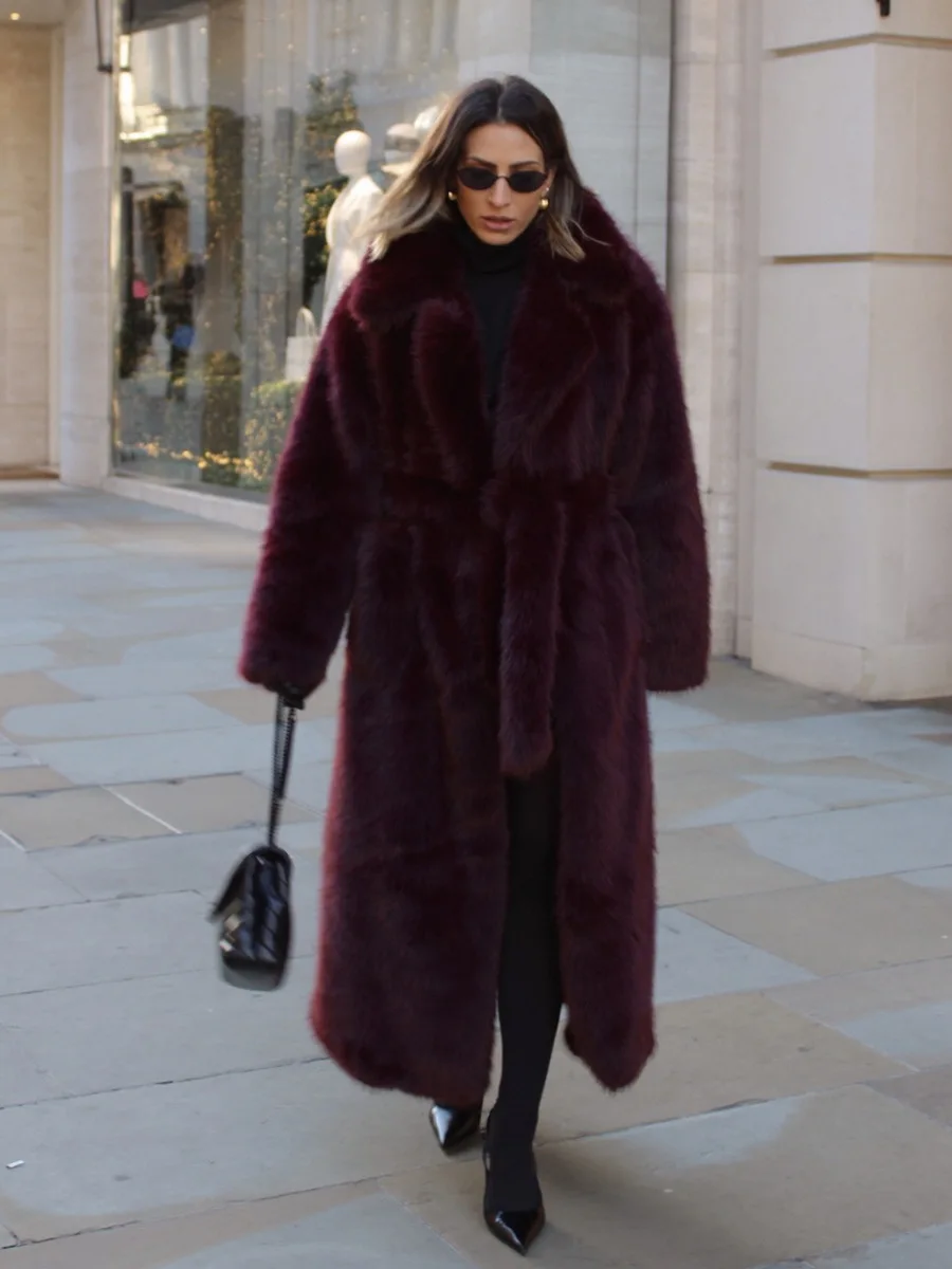 Winter Luxury Lapel Plush Loose Overcoat Outwears High Quality Long Faux Fur Jacket Coat Women Warm Burgundy Belted Maxi Jacket