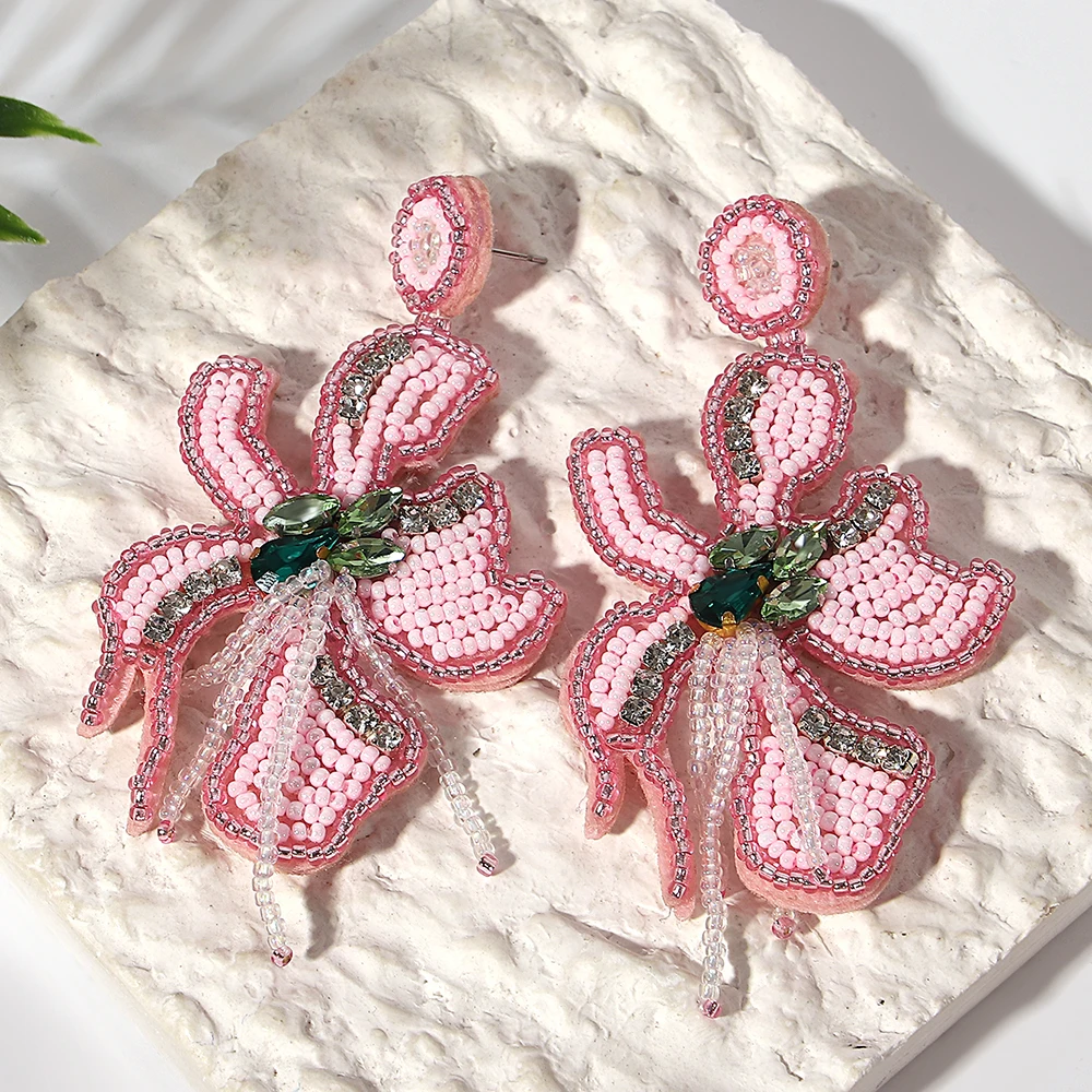 Lifefontier Summer Pink Handmade Beaded Flower Long Earrings For Women Bohemia Floral Wedding Drop Earring Charms Jewelry 2024