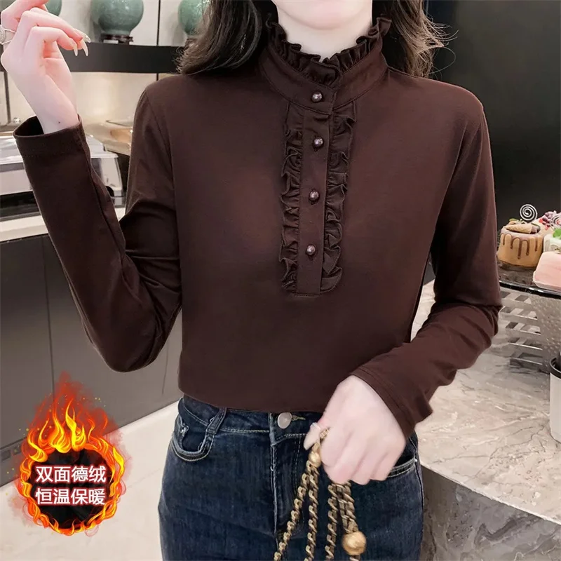 Autumn and Winter Luxury Temperament Wood Ear Edge Plush Shirt for Female Mother Decoration with Warm Long Sleeve Top for Female