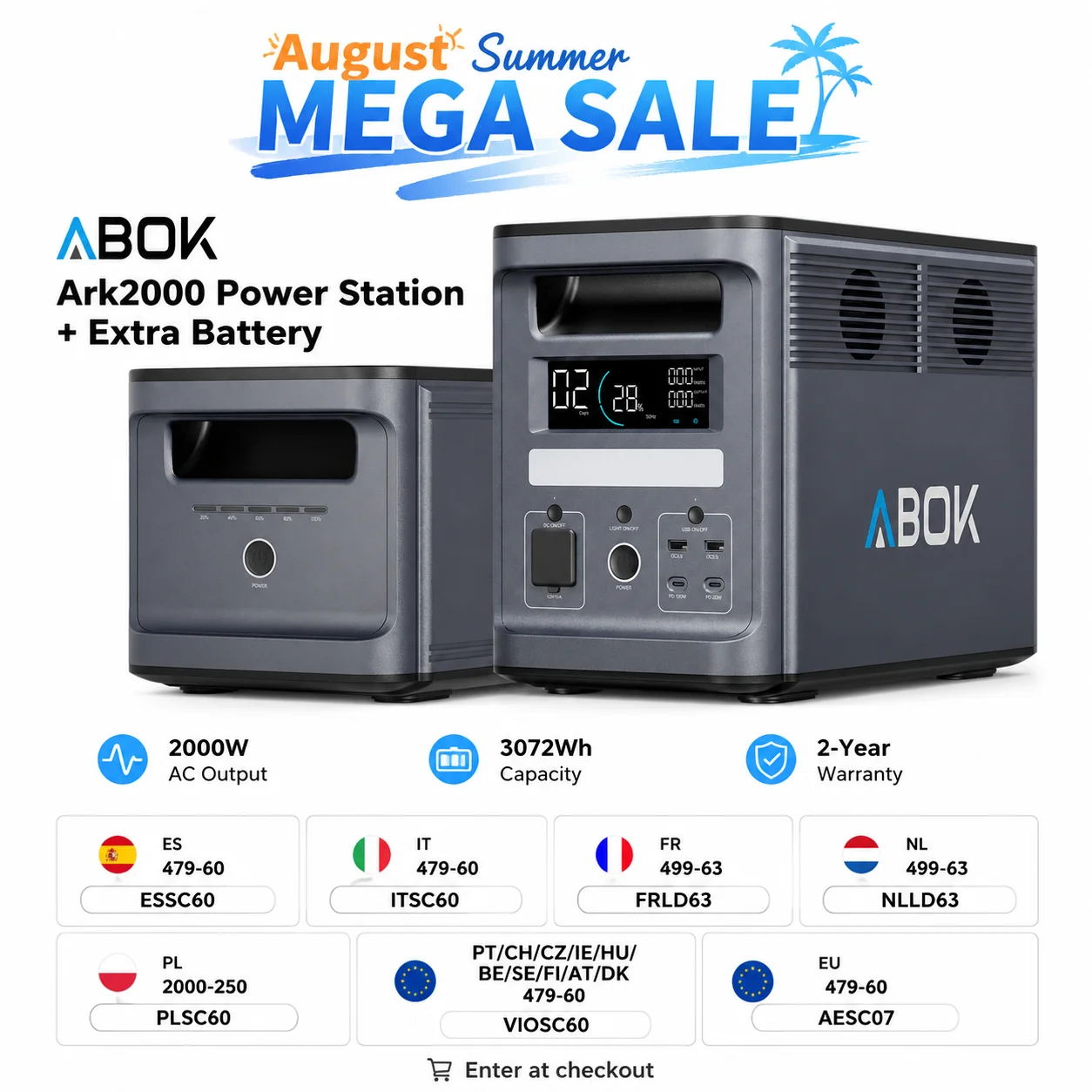 Kit de station d'alimentation Abok 2000W, générateur solaire AC, batterie Lifepo4 3072Wh pour la maison, le camping, batterie portable, durée de vie de la batterie 4000+ cycles