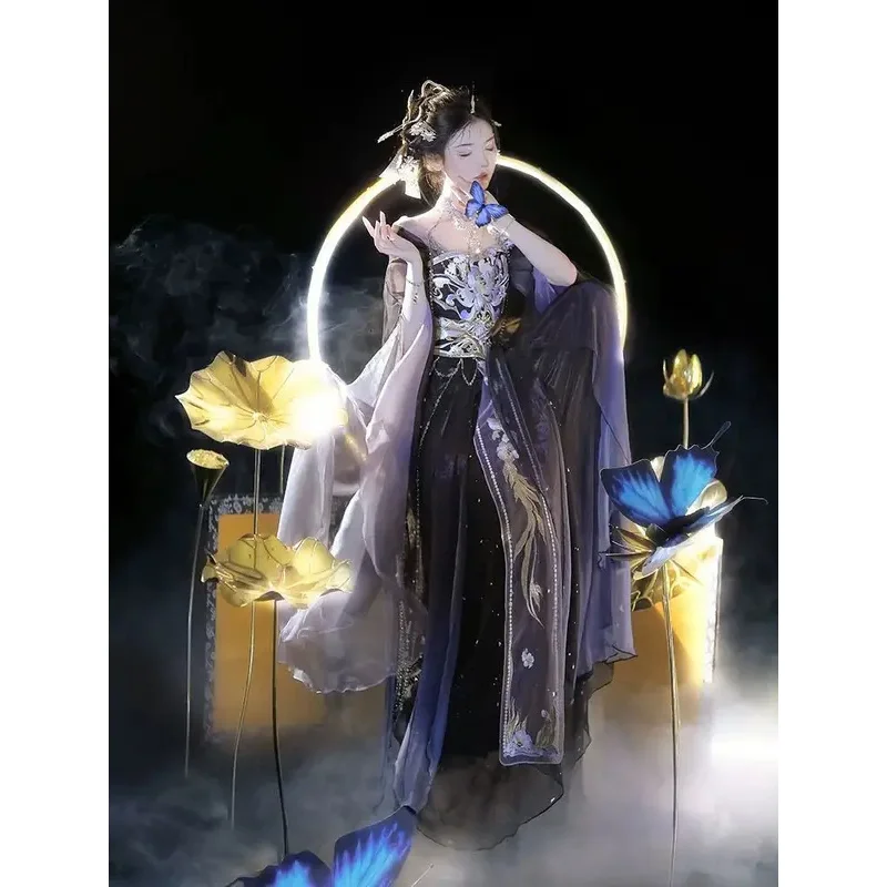 FC6妖精エキゾチックなスタイルのプリント刺繍弾性スカート中国漢服赤黒衣装セットXianxia服ダンスウェア花@FC8！