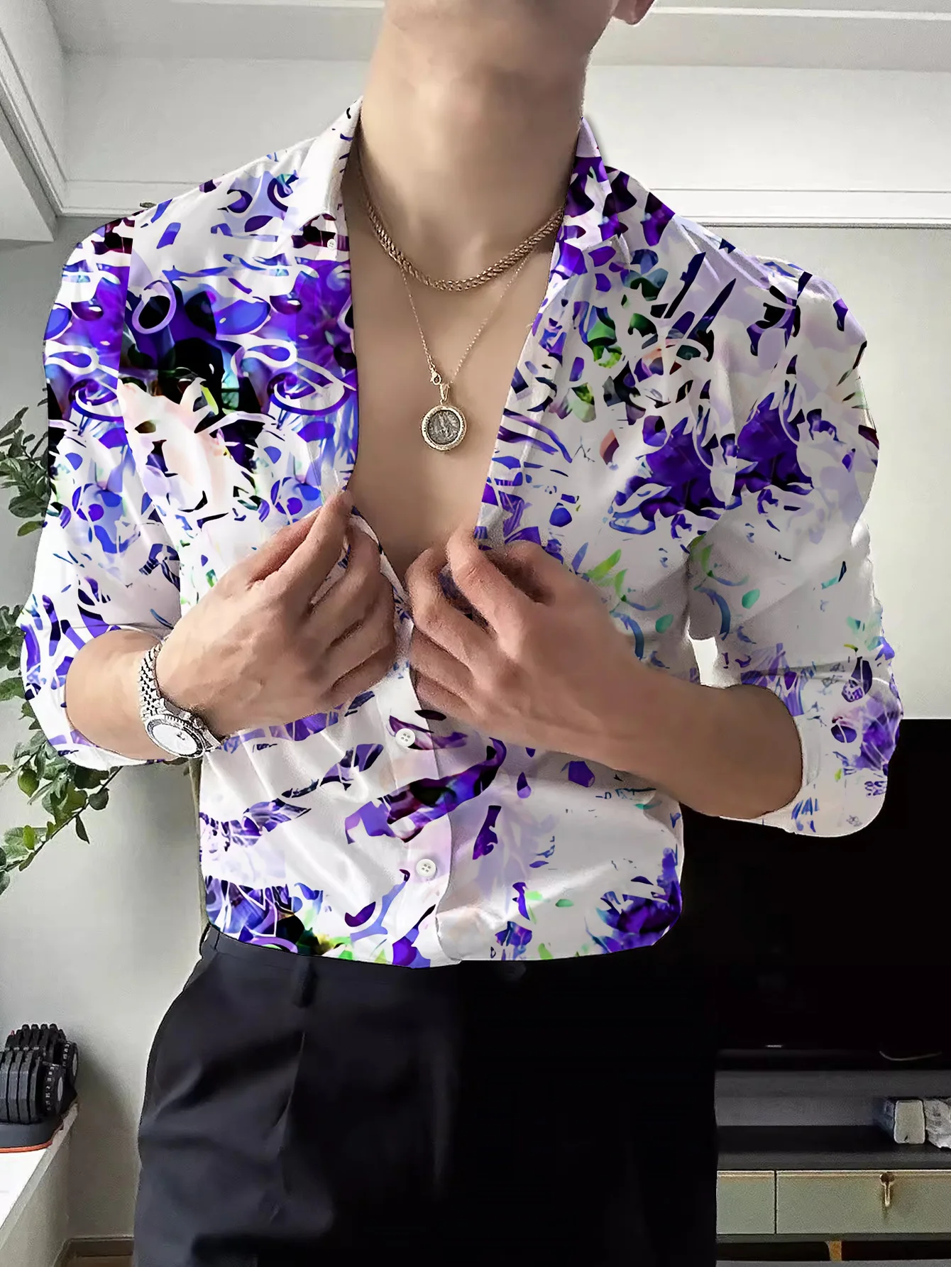 Men Long Sleeve Button Down Shirt White Base Purple Abstract Floral Splatter Print Polyester Lapel Collar Casual