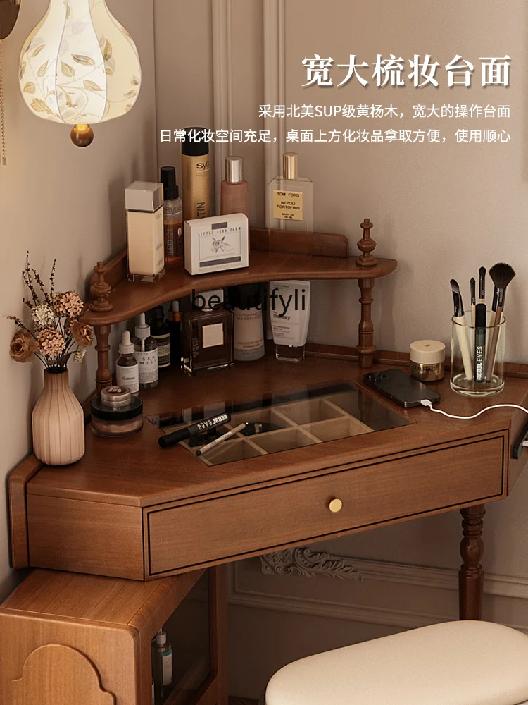 French Retro Solid Wood Corner Dressing Table Storage Cabinet Integrated   Bedroom Bedside Corner Triangle Makeup Table