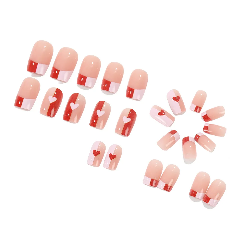 أظافر صناعية متوسطة الحجم للنساء والفتيات بتصميم قلب أحمر وردي لطيف لعيد الحب أطراف أظافر مربعة فرنسية اضغط على الأظافر الصناعية