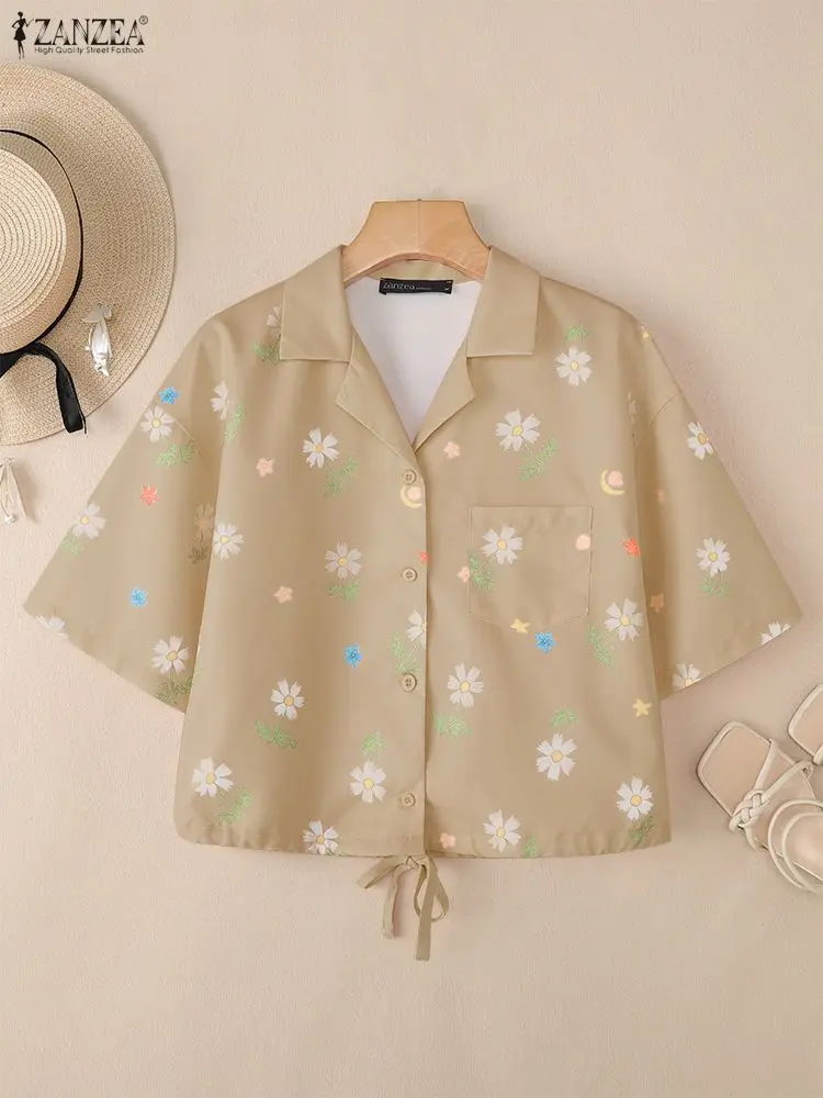 

ZANZEA Bohemian Floral Print Shirts Women Blouses 2025 Summer Short Sleeve Casual Tunic Tops Loose Bandage Lapel Fashion Blusas