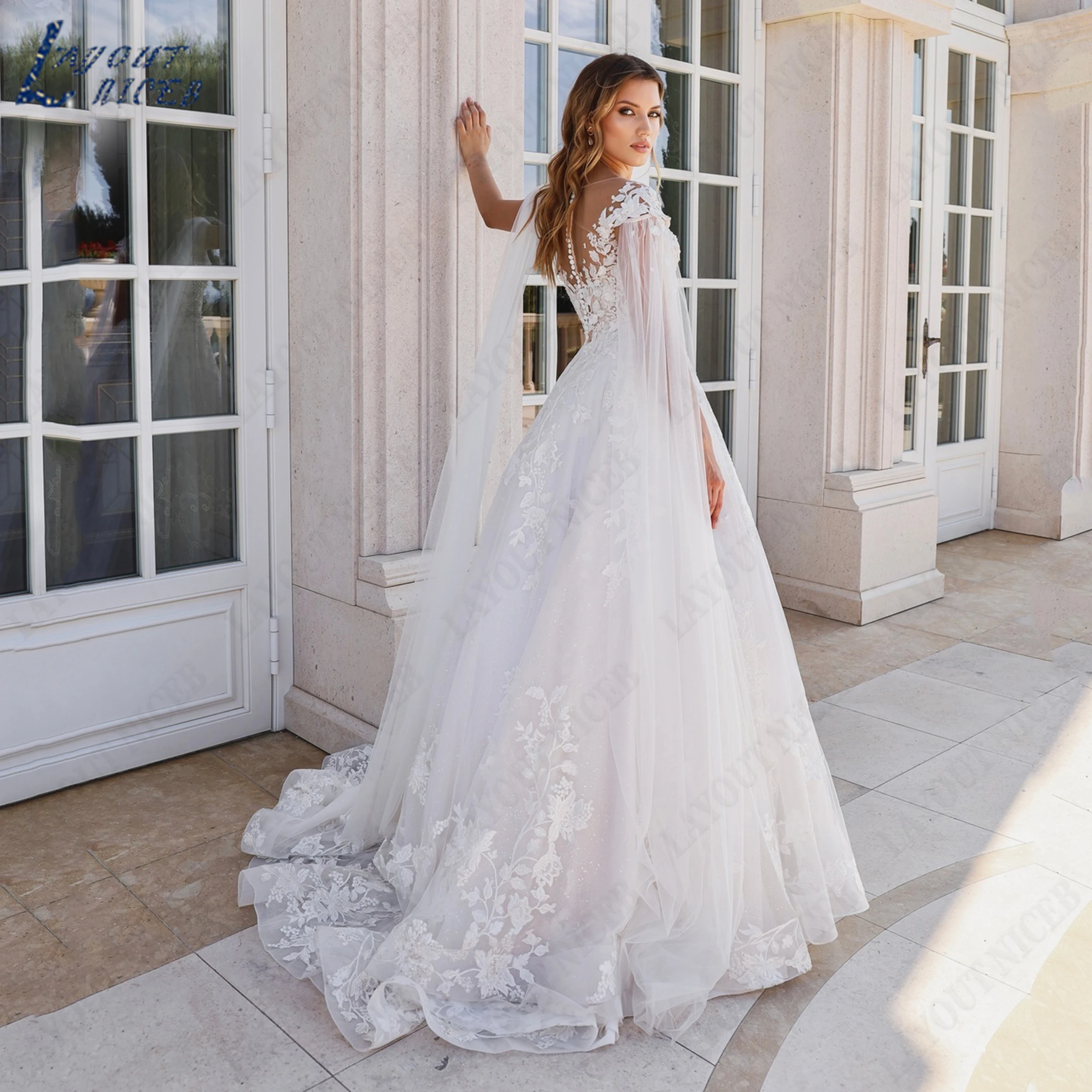 LAYOUT NICEB Customized Scoop Neck Tulle Wedding Dress Cap Sleeve Applique Bridal Gown A Line Sheer Back Gowns For Bride