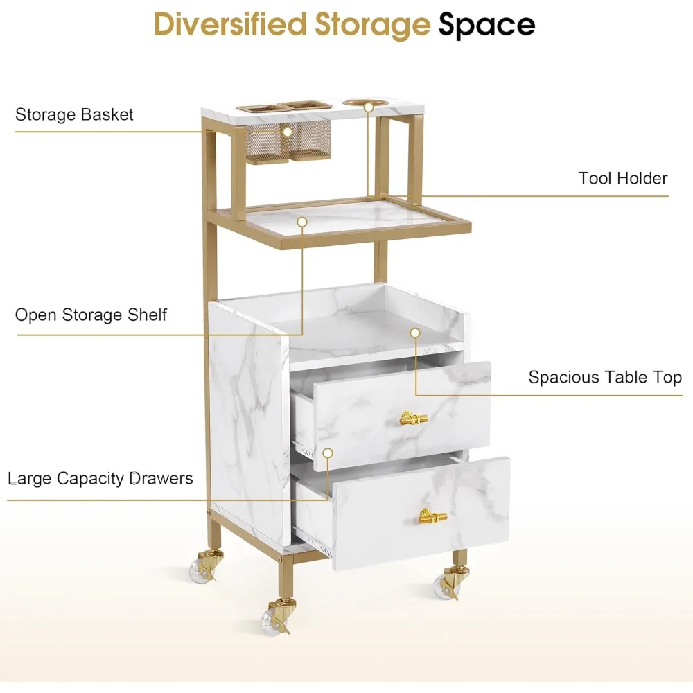 عربة صالون الحلاقة المحمولة مع أدراج تخزين وحامل أدوات معدني وسلة لمعدات صالون التجميل #4
