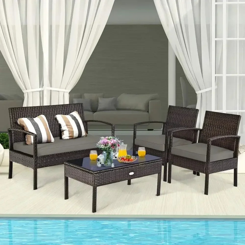 8-Piece Outdoor Patio Furniture Set, Cushioned Rattan Wicker Loveseat Sofa with Glass Top Coffee Table