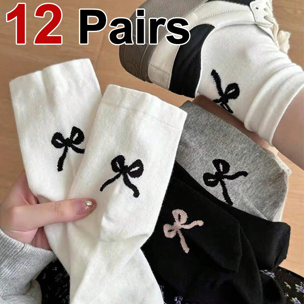 

12 пар женских носков средней длины с галстуком-бабочкой, модные однотонные милые мягкие и удобные повседневные носки с круглым вырезом в балетном стиле