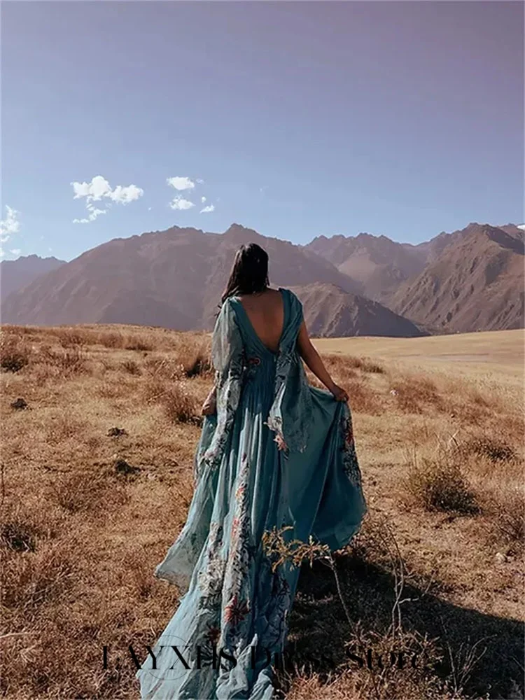 LAYXHS Vestidos de noite elegantes com decote em V, xale, apliques, linha A, pregas, vestidos formais de baile, personalizados