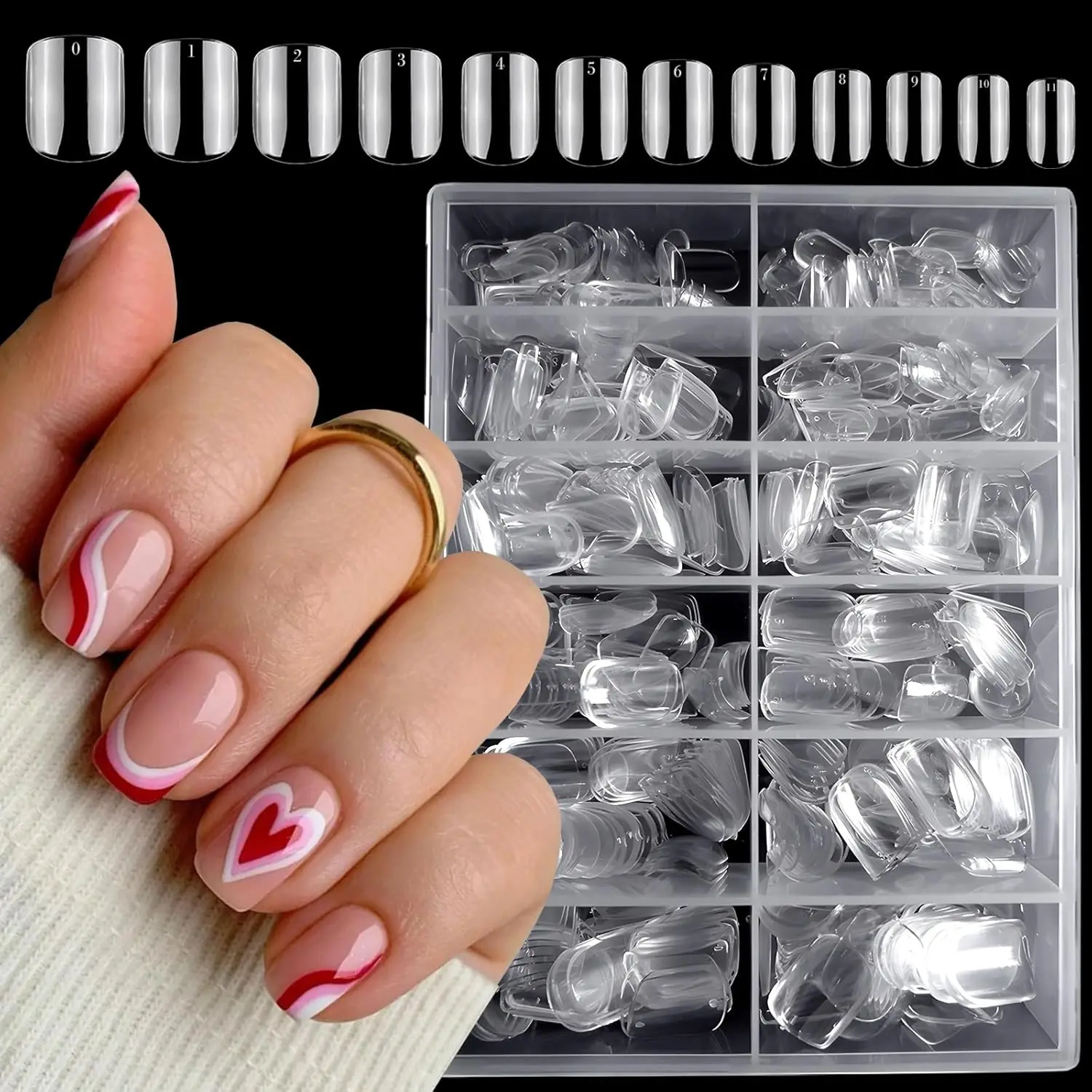 

600pc Clear Short Square Nail Tips, 12 Sizes Soft Gel Press On Fake Nails for Women Girls