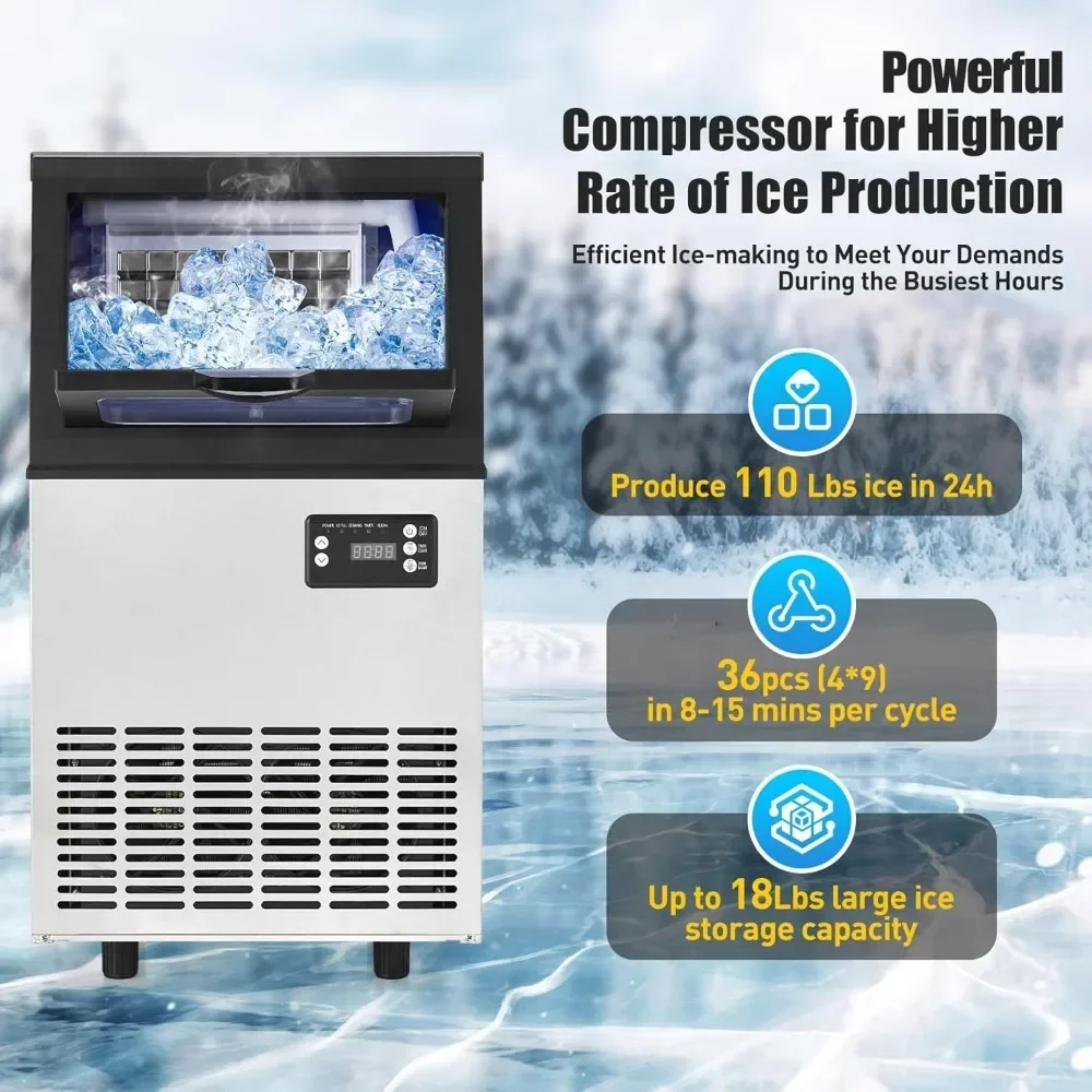 Ice Maker Machine, 110LBS/24H with 18LBS Ice Storage Bin and Water Filtration System, Includes Scoops, Ideal for Home