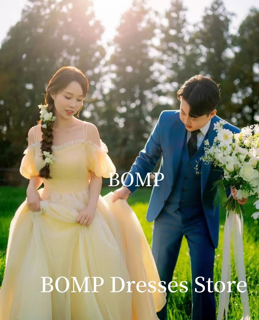 

BOMP Princess Yellow Wedding Dresses A-Line Sweetheart Draped Floor Length Bridal Gown Korea Photo Shoot Customized Elegant