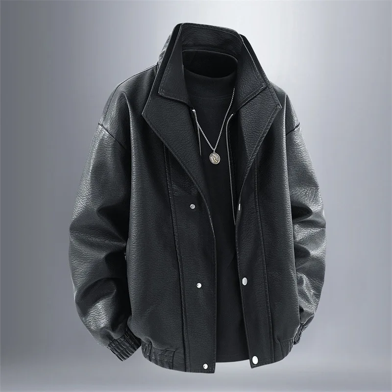

Men's Double-Neck Leather Jacket Crisp Flexible Comfortable Fashionable for Spring Autumn 2025