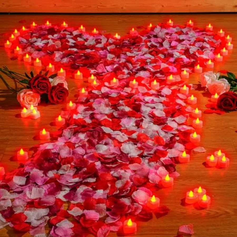 

6000 Pieces Artificial Rose Petal 72 Pieces LED Tealights Candle, Romantic Decorations Special Night Rose Petal Heart Candle fo