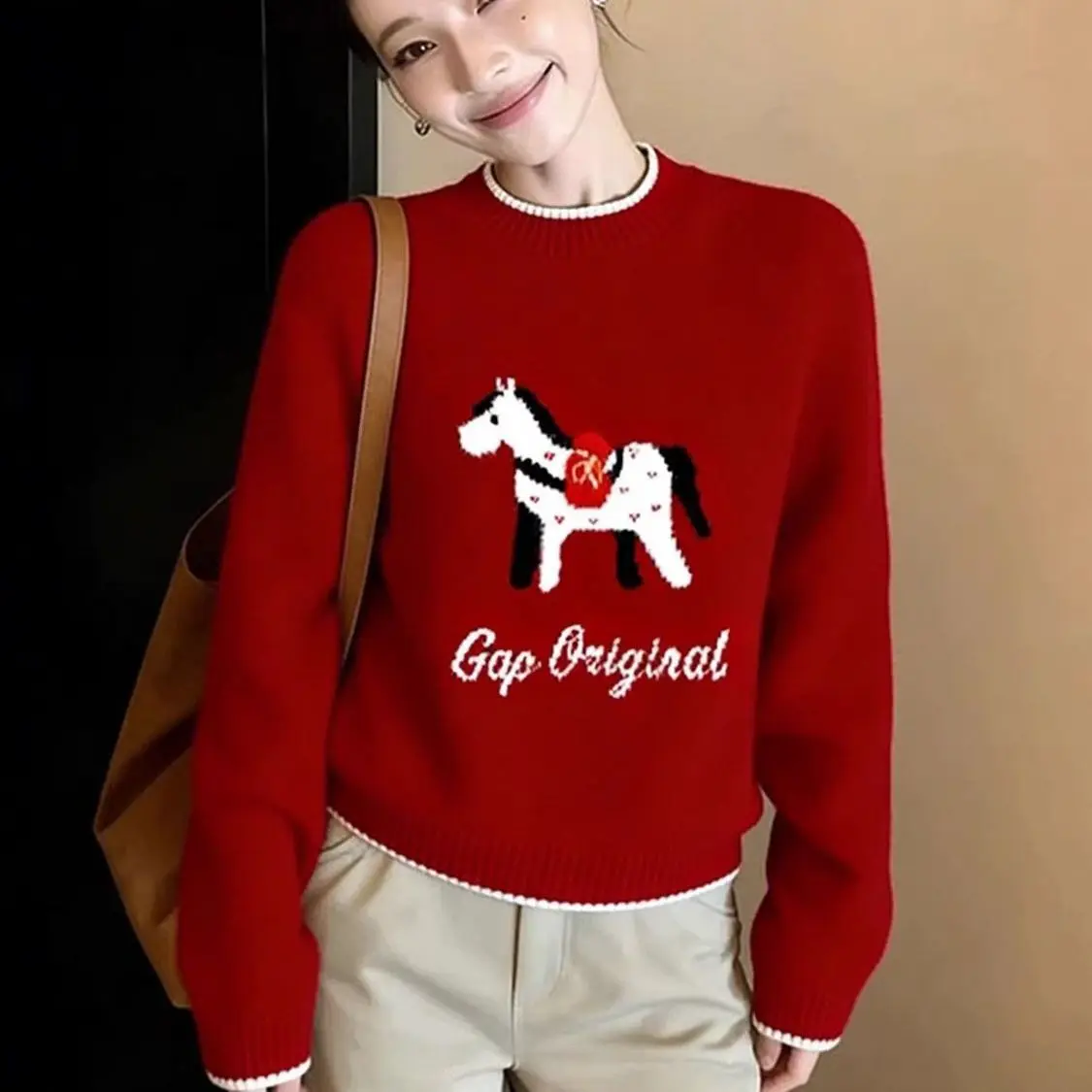 

Red pony jacquard pullover women's clothing winter wear lazy style with fashion knitted top tide blusa de frio feminina