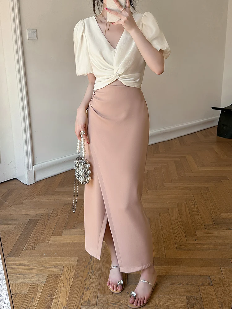 

Новая женская юбка Ele Pink с высокой талией, облегающая, на молнии, в корейском стиле, длинная, А-силуэт, для весны и осени