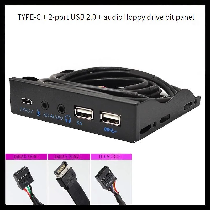 USB Front Panel for PC USB3.2 Gen2 10Gbps Type C + 19Pin 2Port USB3.0 Hub + HD Audio 3.5mm Earphone MIC for 3.5" Floppy Disk Bay