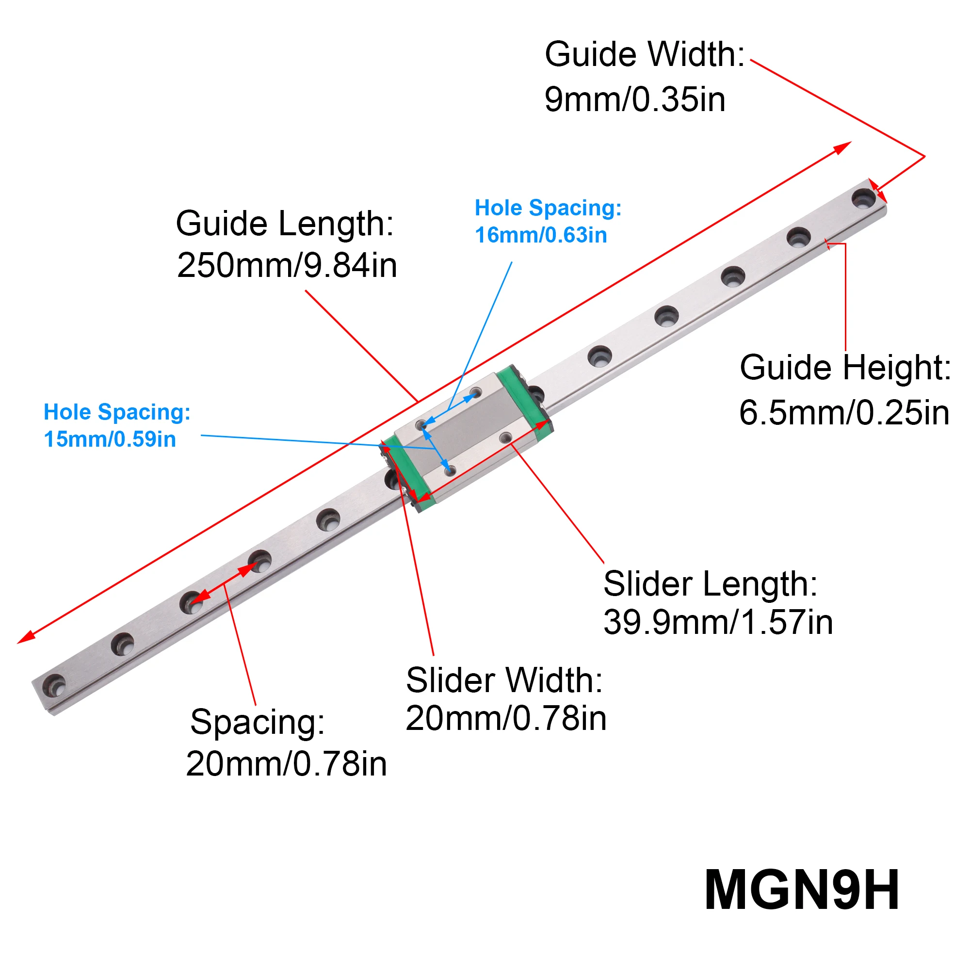 Veekaft MGN9H Miniature Linear Rail Slide 1pc MGN Linear Guide 1PC MGN Block for CNC FA 3D Printer.