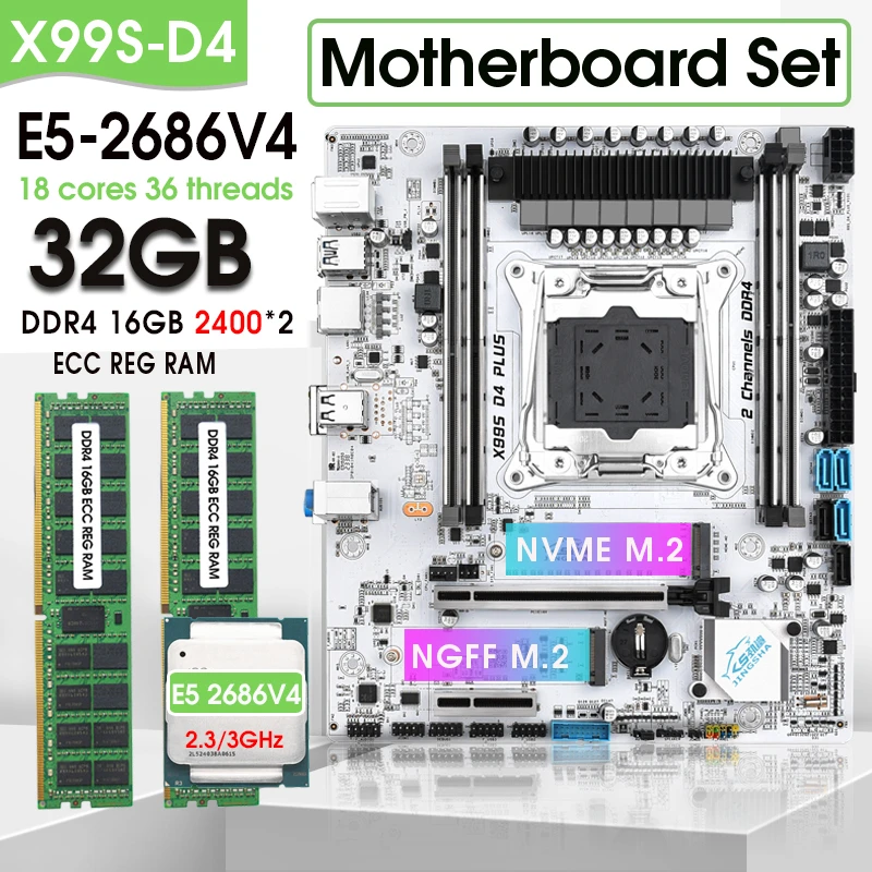 JINGSHA X99 D4 Motherboard Set E5 2686 V4 2011 v3 Processor LGA 2011-3 Kit with 2X16=32GB DDR4 2400MHZ ECC RAM Support NVME M.2