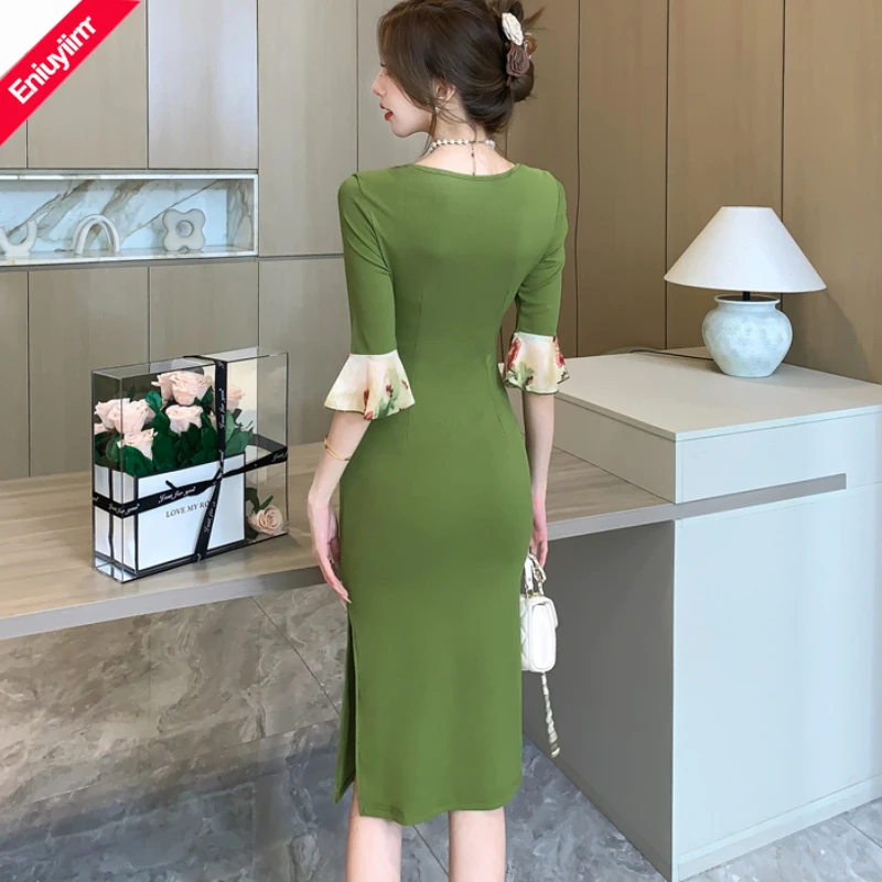 Quadratischer Hals elegante Party kleider Urlaub Datum Dame Frauen Mode sexy Pathwork schiere Mesh Blumen druck Bleistift langes Kleid