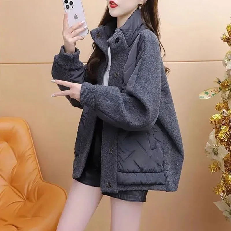 

Cotton-Padded Stitching Sweater Parkas Women Jacket Korean 2025 New Autumn Winter Loose Thicken Warm High-Necked Coat Female Top
