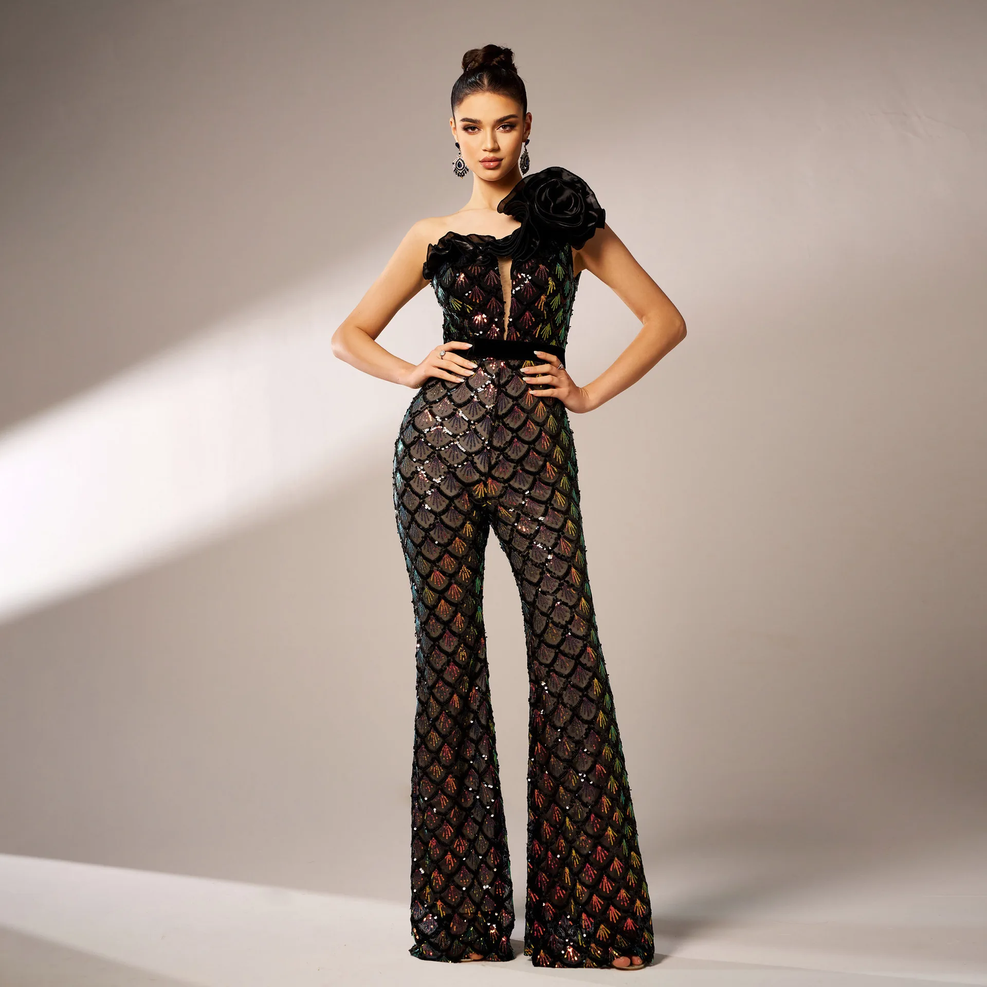 Women New High Quality One Shoulder Sequin Slim Jumpsuit Elegant Formal Occasion Birthday Party Luxury Full Length Flare Pants