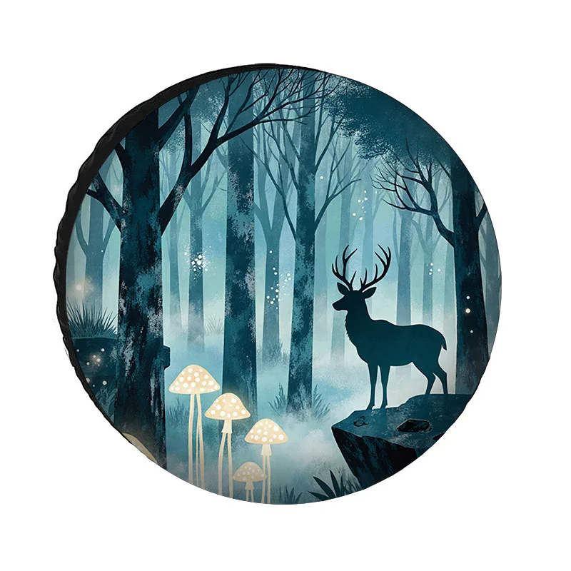 Waterproof And Dustproof Tire Cover Made Of Polyester Fiber Featuring A Deer Pattern From An Enchanted Forest, Perfect For Outdo