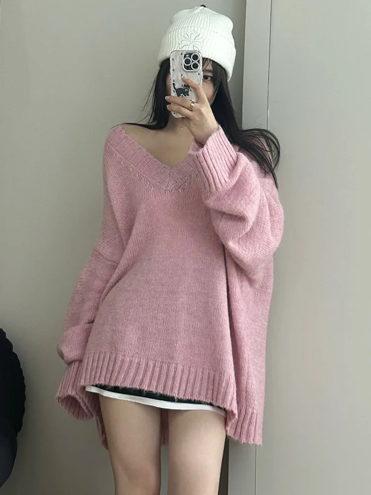 DEAT Fashion Women\'s Knitted Pullover V-neck Loose Fit Multicolor Long Sleeve Simple Soft Sweater Autumn 2024 New Tide 7AB4843