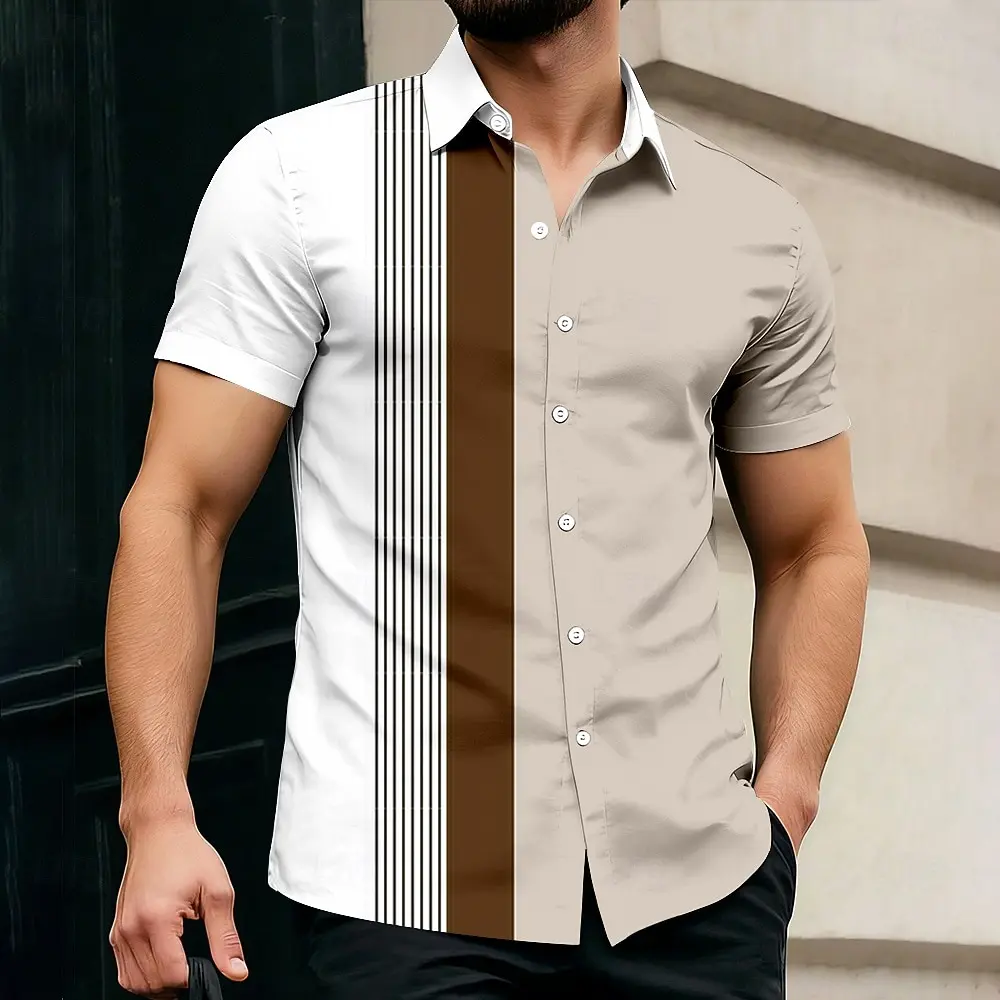Men's Geometric Color Block Striped Shirt Button Up Shirt Casual Short Sleeve Fashion Casual Daily Vacation Summer Spring Shirts