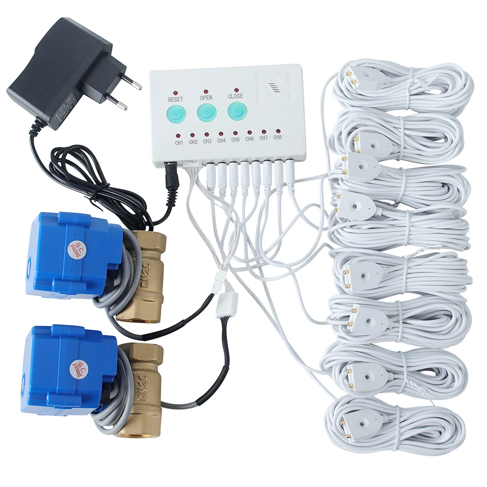 

AC Powered Water Leakage Alarm Prevention System Connects to Motorized Shut-Off Valve DN25 DN20 DN15 and 8pcs 6M Water Sensors