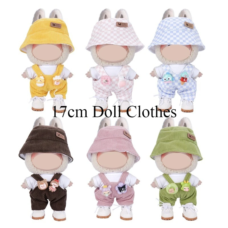

17cm Plush Doll Party Fashion Match Summer Fisherman Hat White Top Strap Pants Set Baby Clothes Cute 3-Piece Set