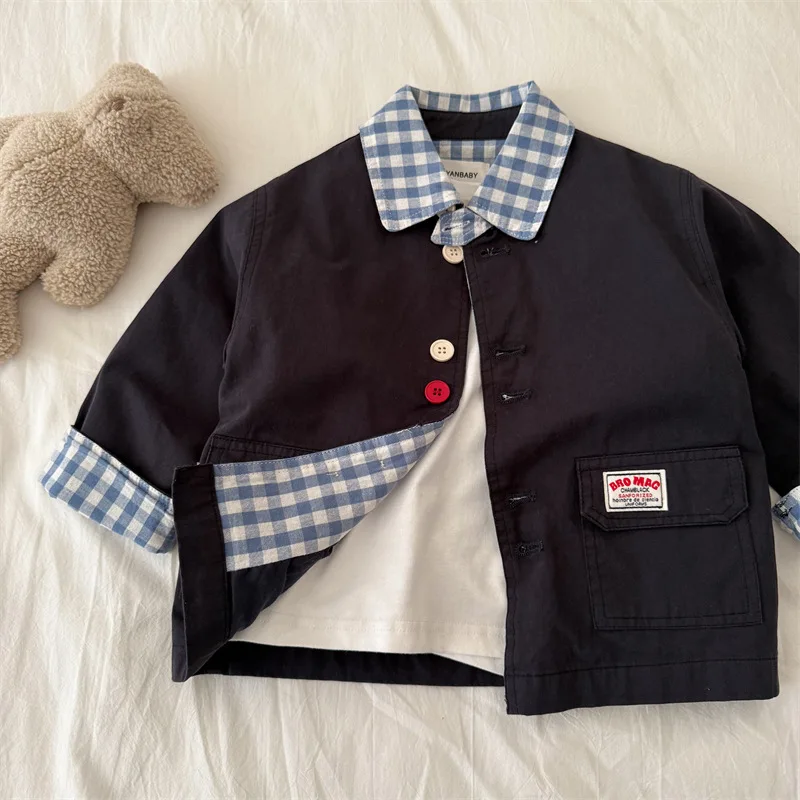 

Children's Jacket 2025 Autumn New Boys and Girls Turn-Down Collar Plaid Jacket Baby Casual Cotton Jacket