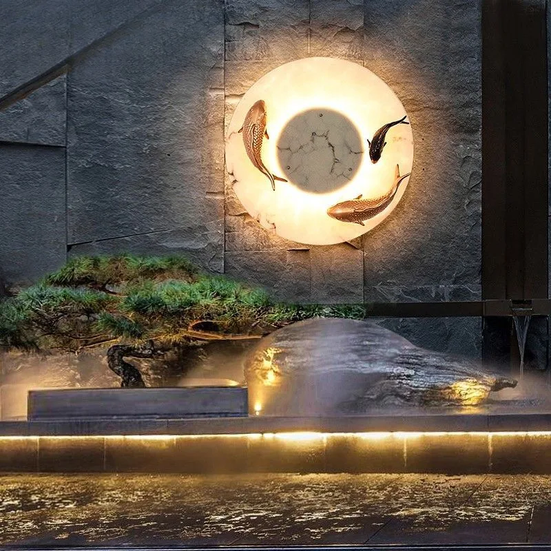 Modern Imitated Marble LED Wall Light Round Artificial Fish AC85~265V Chinese Style Porch Lamp For Garden Courtyard Path Adorn