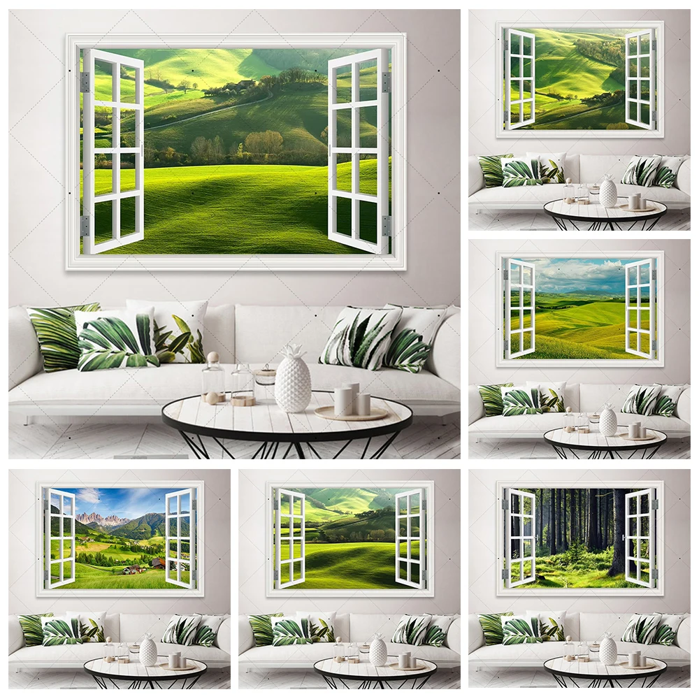 3D Window Nature Landscape Background Spring Nature Green Grassland Mountain Forest Room Decoration Banner Photo Shoot Props