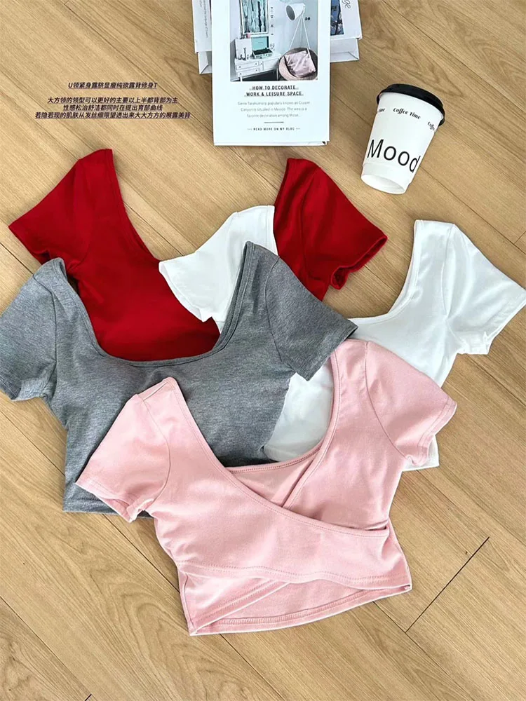 American Retro Backless t-shirt donna Solid manica corta Crop Top primavera estate colletto quadrato Tees mostrano sottile 2000s estetico