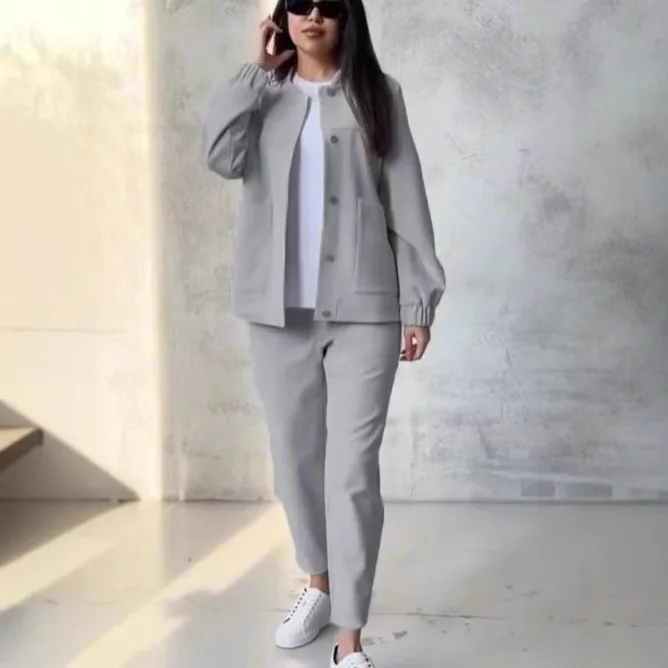 

Two Piece Pant Sets Women Casual Sporty Solid Shirt Single Breasted High Waist Pants Elegant Lady Pocket Suit Summer 2025