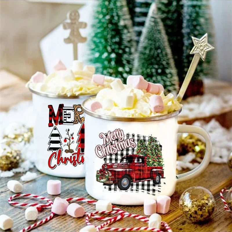 Christmas Tree Truck Print Creative Christmas Party Wine Juice Cups Decor Coffee Tea Drink Milk Cup Enamel Handle Mugs Xmas Gift