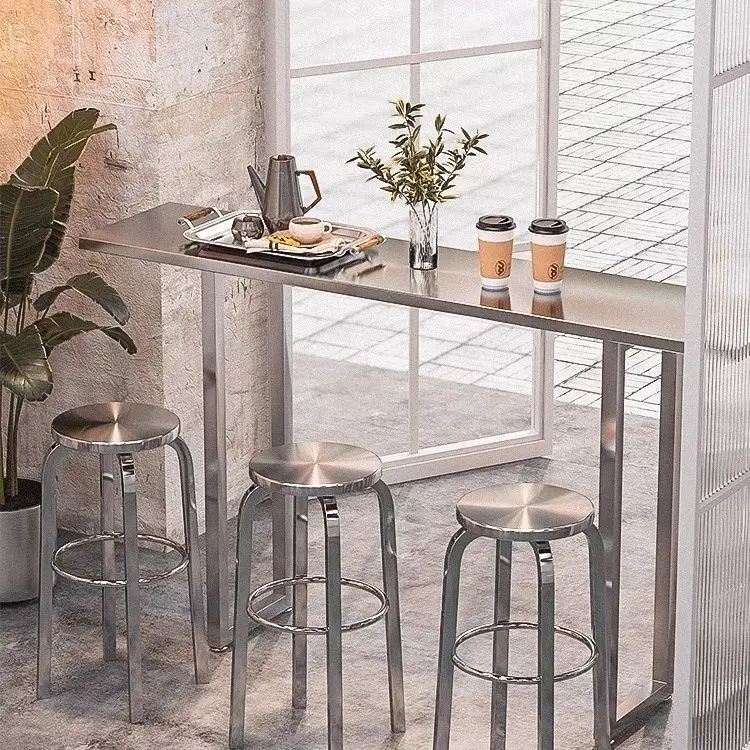 

Modern Stainless Steel Stool Minimalist Bar Chair & Bar Table Set for Home Dining Room Wood Plank Design Dining Room Furniture