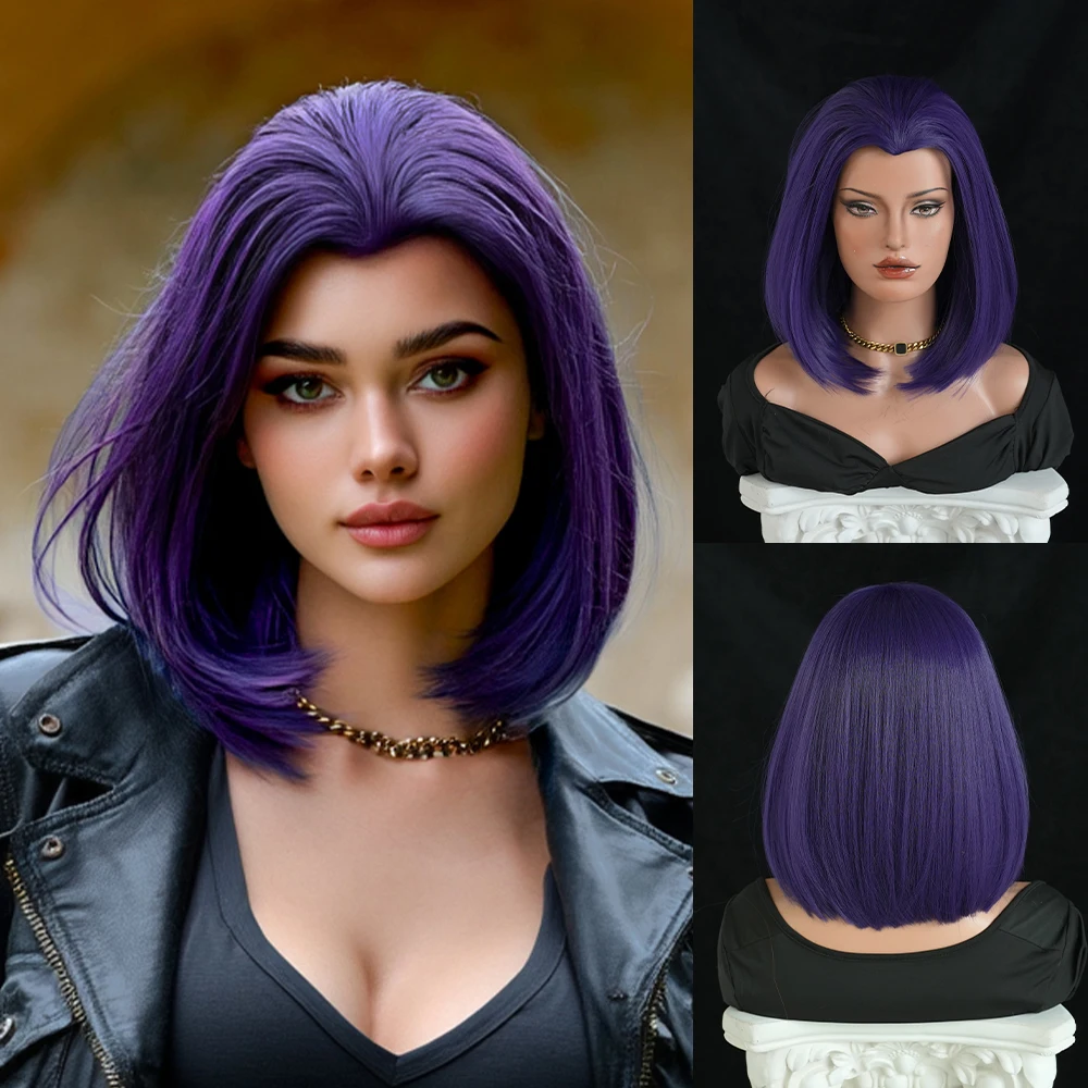 Fashion Short Straight Purple Wigs for Women Synthetic Straight Wig High Density Heat-Resistant Fiber Fake Hair Beginners Wigs