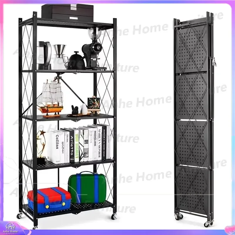 Modern Foldable Metal Steel Storage Rack 5 Tier Kitchen Shelf Organizer with Wheels Rolling Utility Cart for Home Office
