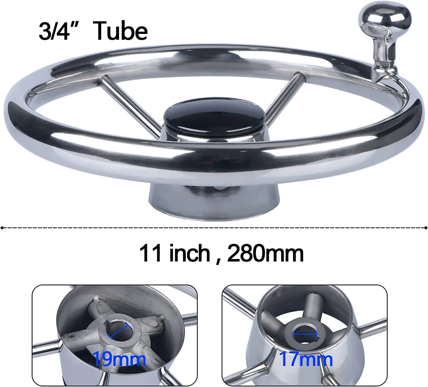 11Inch Stainless Steel Steering Wheel  Mirror Polished  Yacht  5 Spoke Destroyer with Control Knob For Yacht Boat Accessories