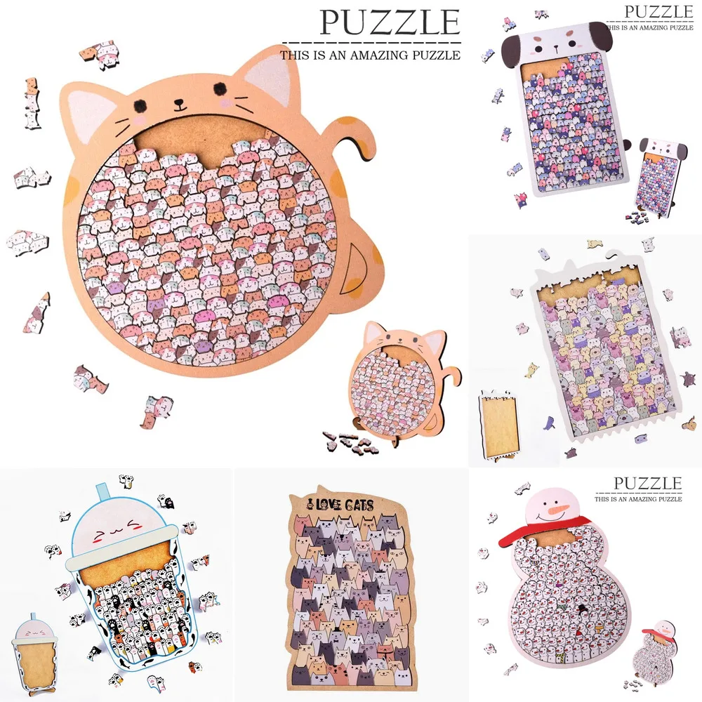 

Деревянная головоломка в форме кошки и собаки, мультяшный дизайн, нерегулярные детали, высокая сложность, развивающая игрушка для детей, взрослых, подарок, семейная игра