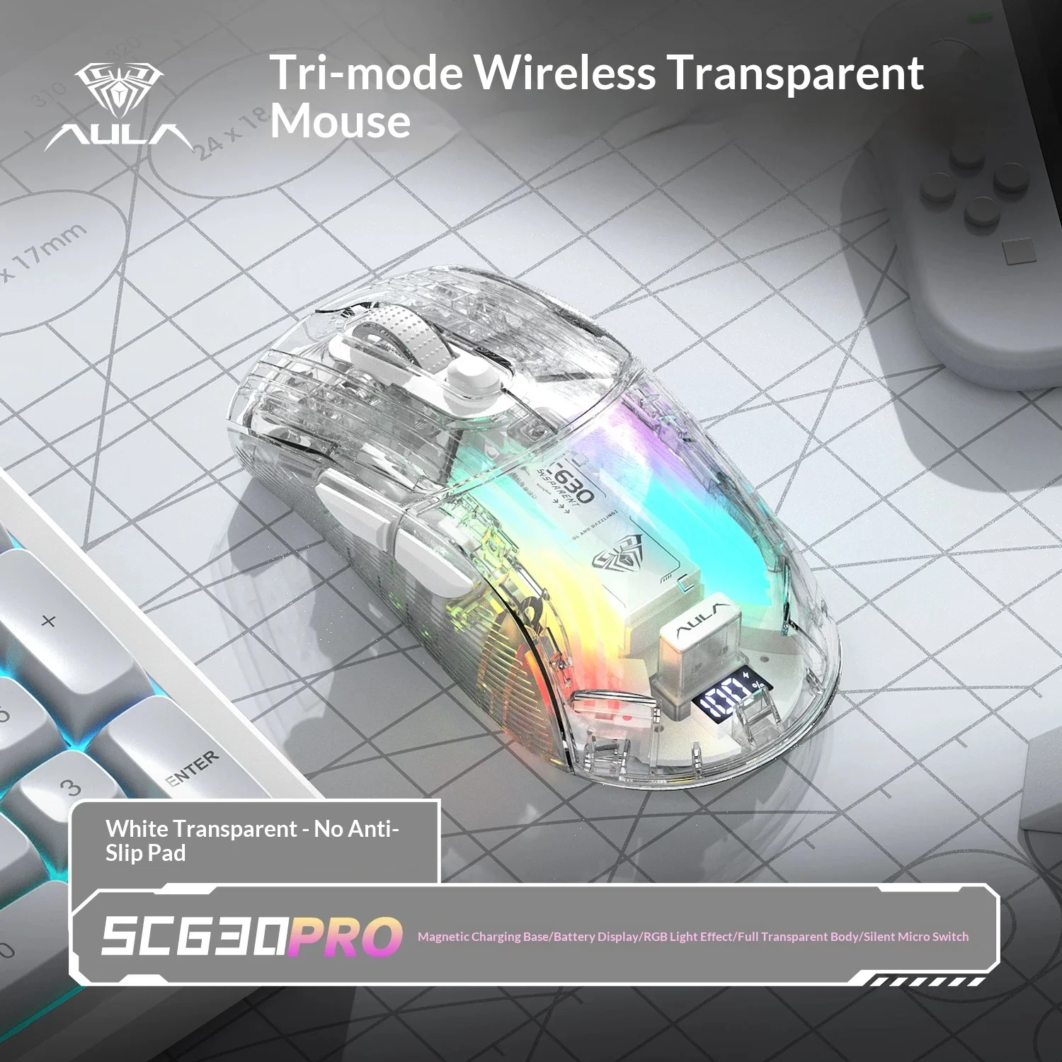 AULA SC630Pro Tri-Mode Wireless Gaming Mouse, Transparent Shell, Silent Click, Magnetic Charging Dock, RGB Backlit, Macro Progra